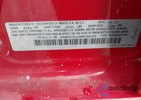 2010 Volkswagen Jetta Limited Edition из США, поврежденный, VIN 3VWRX7AJ3AM099394